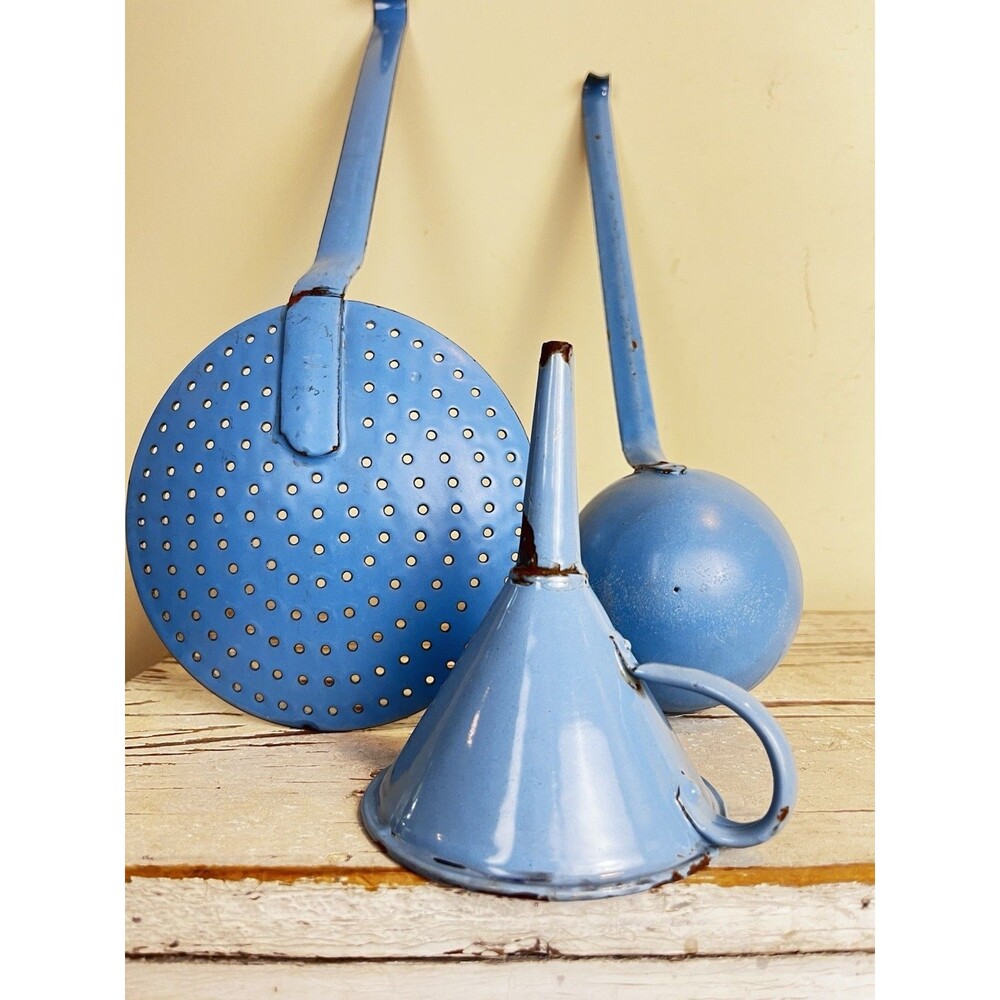 Antique Primitive Robins Egg Blue Enamelware Kitchen Utensils Trio Farmhouse Lot